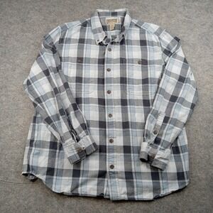 Duluth Trading Shirt Men 2XL Trim Fit Blue Gray Plaid Button Down Long Sleeve Co